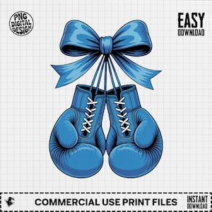 May include: Blue boxing gloves with white laces are suspended from a large blue bow. The image has the text "PNG DIGITAL DESIGN", "EASY DOWNLOAD", and "COMMERCIAL USE PRINT FILES".