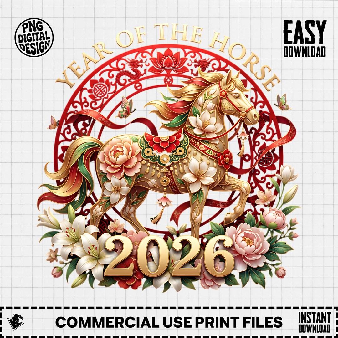 Year of the Horse 2026 Digital PNG, Lunar New Year Art, Zodiac Horse ...