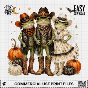 May include: Three frogs dressed in Western-style clothing, including cowboy hats and boots, stand among pumpkins. The frogs wear vests, bandanas, and a patterned dress. Text includes PNG DIGITAL DESIGN, EASY DOWNLOAD, and COMMERCIAL USE PRINT FILES.