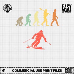 Könnte beinhalten: Ein digitales Design, das die Evolution des Menschen zeigt, gipfelnd in einem Skifahrer. Der Skifahrer ist orange, mit den Evolutionsfiguren in Braun, Grün, Gelb und Orange. Text enthält "PNG DIGITAL DESIGN" und "EASY DOWNLOAD".