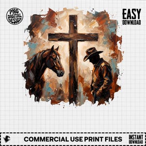 May include: An artistic digital design featuring a brown horse, a cowboy, and a wooden cross. The cowboy is wearing a hat and looking down. The background has brushstrokes of brown, blue, and orange. The image includes the text "PNG DIGITAL DESIGN" and "EASY DOWNLOAD".