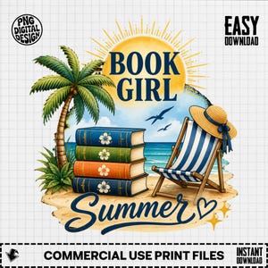 Bokflicka Sommar Digital PNG, Strandläsning Tropisk Semester Design, Bokälskare Staplade Böcker Palmträd Sublimeringsfil