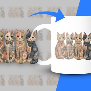 Four patchwork cats with bows and floral patterns displayed on a mug.