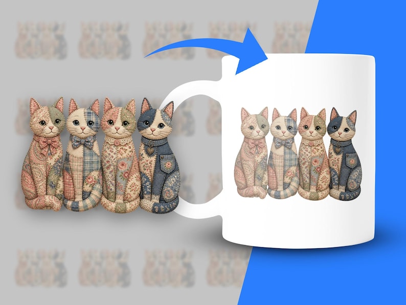 Four patchwork cats with bows and floral patterns displayed on a mug.