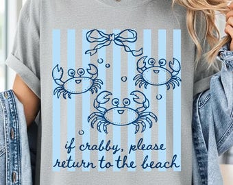 Se você estiver irritado, por favor, volte para a praia (PNG), padrão de caranguejo azul (PNG), design náutico listrado para praia, arte costeira de verão, download digital