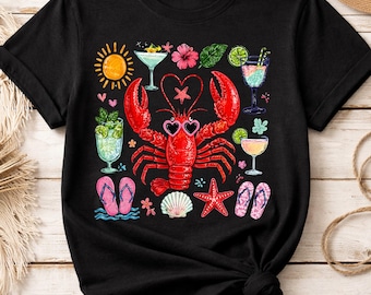 PNG de lagosta fofa, design de lagosta de verão na praia, estampa divertida de coquetel costeiro, design de camiseta para férias no mar, download para sublimação tropical