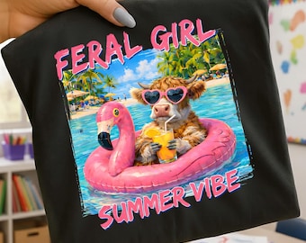 Imagem PNG com a vibe de verão da garota selvagem, design engraçado de flamingo em uma boia de piscina, download para sublimação de camiseta com humor de férias tropicais