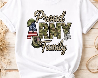 Camiseta "Orgulhosa Família do Exército PNG Mãe Militar Design Sublimado Camuflado Bandeira dos EUA Botas Soldado Apoio Veterano" Download Instantâneo