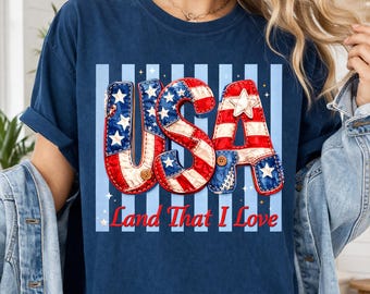 EUA Terra Que Eu Amo PNG, Design Tipográfico Patriótico da Bandeira Americana, Gráfico em Estilo Vintage para Sublimação em Camisetas - Download Digital do 4 de Julho