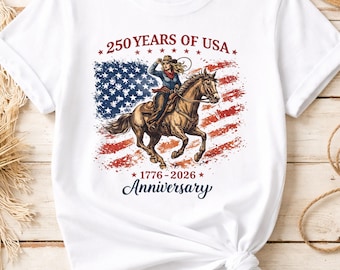 250 Anos dos EUA Cowgirl Cavalo PNG Design de Camiseta Patriótica Western PNG 4 de Julho 1776 2026 Gráfico Download Digital América PNG