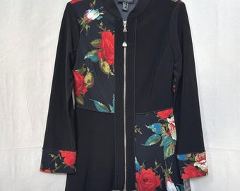 Frank Lyman Artsy Statement Floral Zip Up Jacket Black Asymmetric Size 8 NOS