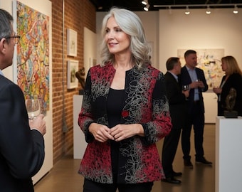 May include: A woman in a gallery setting, wearing a black top and black pants. She is wearing a black and red jacket with a unique pattern. Other people are in the background, and artwork is displayed on the walls.