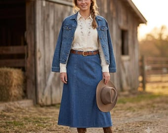 Vtg 90s Pendleton Modest Western Heritage Denim A-Line Midi Skirt 12 Blue Cotton