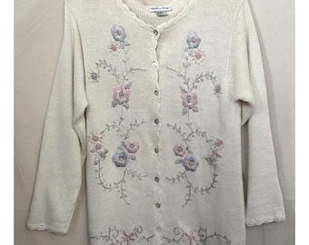 Chelsea Way crèmekleurig geborduurd gebreid vest M Easter Grandma Cottage Vtg