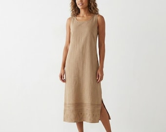 Outfit JPR Artsy Lagenlook Tan Linnen Mouwloze Lange Jurk Met Kralen Tribal Zoom M