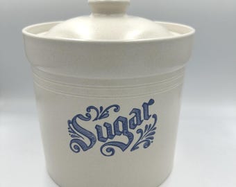 Zuccheriera vintage Pfaltzgraff Yorktowne con coperchio, blu beige, modello 502, in gres, prodotta negli Stati Uniti.
