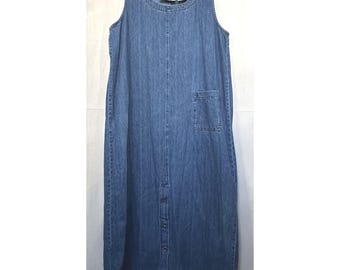 Vtg 90s Studio Ease Cottagecore Blue Denim Maxi Dress Button Front Size 16 READ