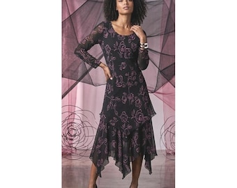 Jaren 90 Cattiva NY grillige zijden bloemen midi-jurk zwart asymmetrisch mt. 14
