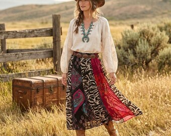 Boho Hippie Festival Western Prairie Patchwork Mixed Print Midi Skirt XL Vtg