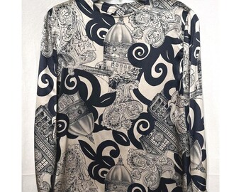 Bella Camicie Brett Harrison Silk Top Black Bronze Artsy Paisley 8 Vtg 80s READ