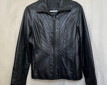 AVANTI NY dames zwart echt lamsleren jack motorbiker maat M geplooid