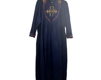 Vintage Vanity Fair geborduurde maxi lounge badjas jaren 70 damesjurk groot blauw VS