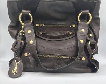 Y2K Hype Brown Pebbled Leather Suede Moto Shoulder Bag Gold Hardware Studded