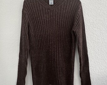 Oude marineblauwe geribbelde gebreide trui met V-hals dames M bruin 13% merinowol Y2K Vtg