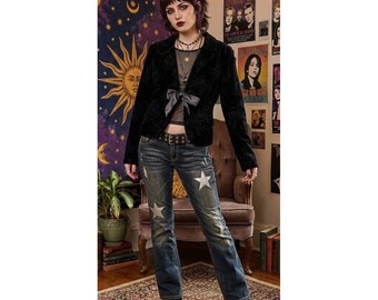 Y2K Vtg Old Navy Whimsigoth Black Velvet Embroidered Ribbon Tie Blazer Jacket S