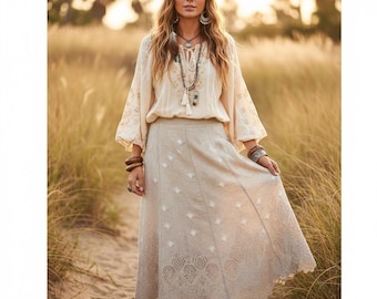 PETER NYGARD Gonna longuette Boho Beige con occhielli in pizzo Tg 12 Lino Rayon Artsy Vtg