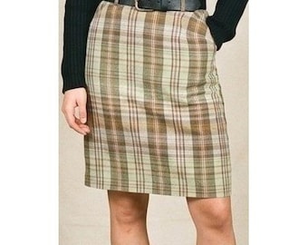 VTG W by Worth preppy geruite linnen kokerrok groen metallic 2 ruches aan de VS-zijde