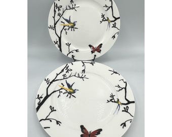 Roscher Bone China 8 in 2 Salad Plates Birds Butterflies Black Branches White