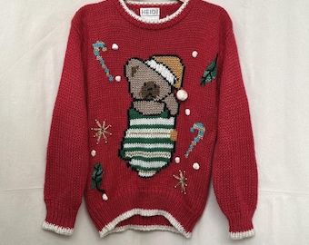 Heidi Knitted By Hand Christmas Novelty 3D Sweater Teddy Bear Womens L Red Vtg