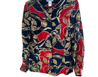 VTG Stephanie Andrews 100% zijden blouse met knoopsluiting XS marineblauw L/S Corpcore Old Money