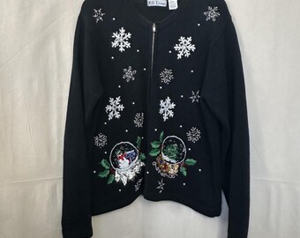 BP Design Blk Snowman Christmas Knit Cardigan L Beaded Sequins Granny 80s READ