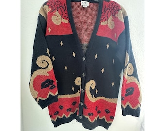 Vintage KORET dames gebreid vest trui rood zwart maat M Artsy Abstract Grandma