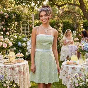 Y2K Necessary Objects Strapless Embroidered Floral Lace Trim Dress Green M NOS