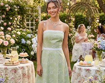 Y2K Necessary Objects Strapless Embroidered Floral Lace Trim Dress Green M NOS