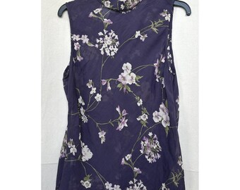 Rena Rowan Dark Fairy Purple Floral 100% Silk Mock Neck Blouse Shell Vtg