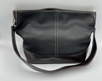 Vtg Tig & Co Y2K Black Brown Pebbled Genuine Leather Hobo Shoulder Bag Neutral