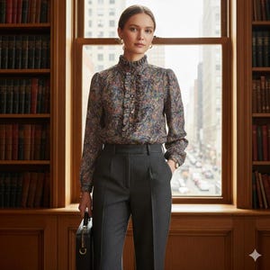 以下が含まれることがあります： 花柄のブラウスとフリルカラー、濃いグレーのズボンを着た女性。黒いブリーフケースを持っています。背景には、街の景色が見える窓と本棚があります。