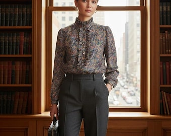 Regina Porter Paisley blouse met ruches/sluiting dames maat 4 Old Money Vtg