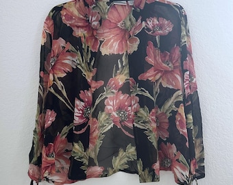 Chicos 100% zijde doorschijnende open voorkant jas dames 1 zwarte bloemen kunstzinnige boho