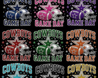 May include: A digital graphic bundle featuring nine variations of a Cowboys Game Day design. Each includes a rhinestone-style star, a football, and a helmet in different colors, with the text Cowboys Game Day displayed in bold lettering.