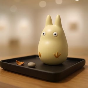 May include: A pale yellow cartoon character figurine with large eyes and pointed ears, on a black tray. The figurine has two small arrows on its chest. A small stone and a dried leaf are also on the tray.