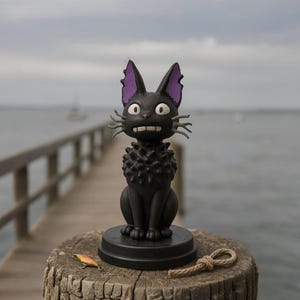 May include: A black cat ornament with purple inner ears and a spiky chest sits on a wooden post. The cat has a surprised expression with visible teeth and whiskers. A fishing lure and rope are next to the ornament.