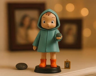 Mei Kusakabe Inspired Collectable Figurine in Blue Coat, Handpainted Miniature and Nursery Decor