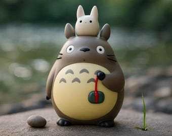 Totoro inspirierte große Statue mit kleinem weißen Chibi Totoro, dekoratives handbemaltes Paar für Schreibtisch und Kinderzimmerdekor