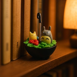 Cute Tototro Inspired Small Figurine in a Black Umbrella, Handpainted Minimalist Car Decor and Shelf Decoration