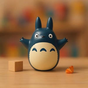 May include: A dark blue Totoro figurine with a cream belly and a small wooden block. The figurine has outstretched arms and large, round eyes. An orange petal is on the surface.
